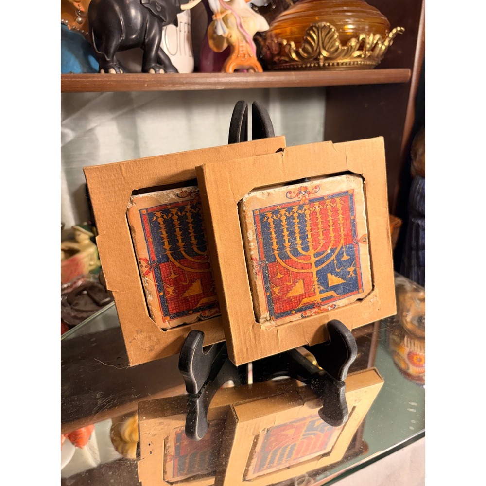Arteque Roma Menorah Stone Coasters Set of 2 Italian Judaica Cork Backed Rome